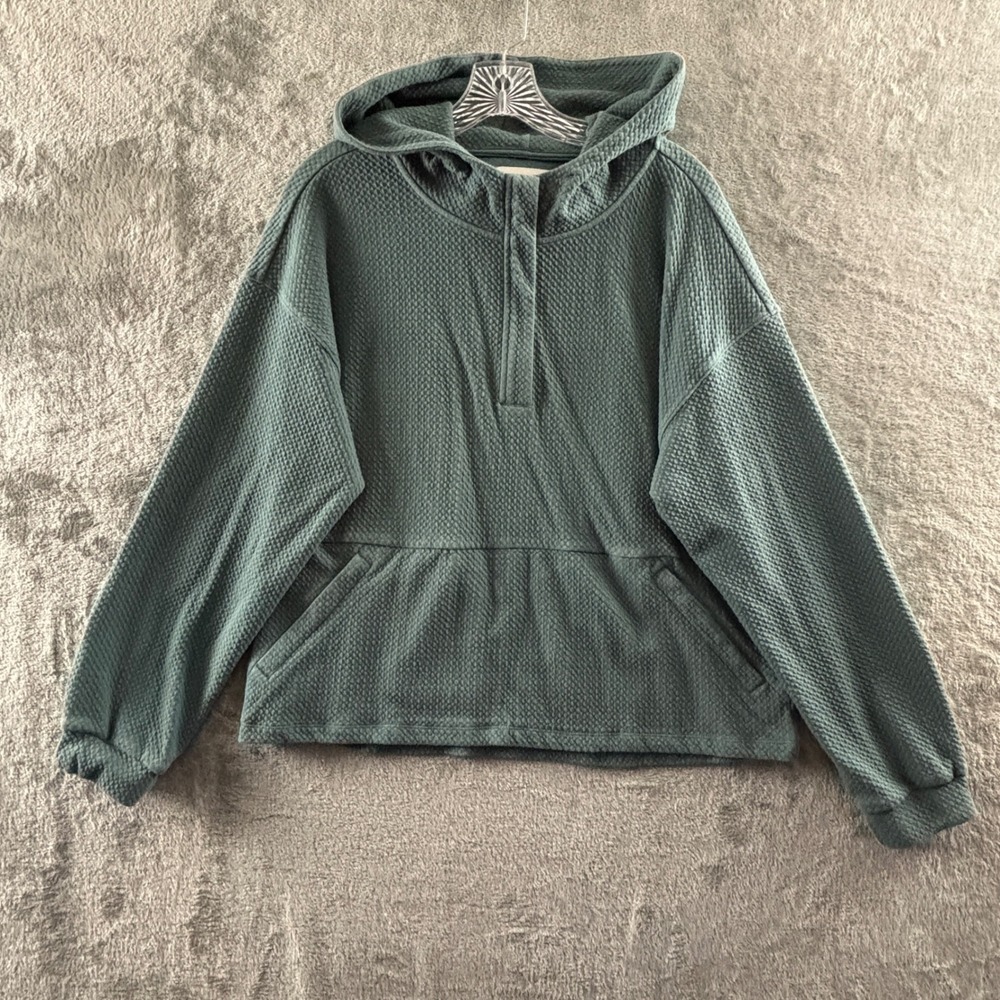 7DIAMONDS Restoration Half Zip Hoodie Womens M Green Textured Hooded Pullover